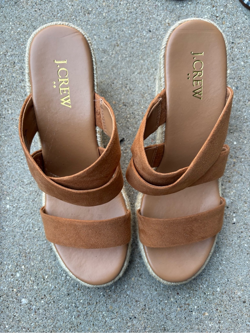 J. Crew Tan Suede Double-Strap Wedge Slides